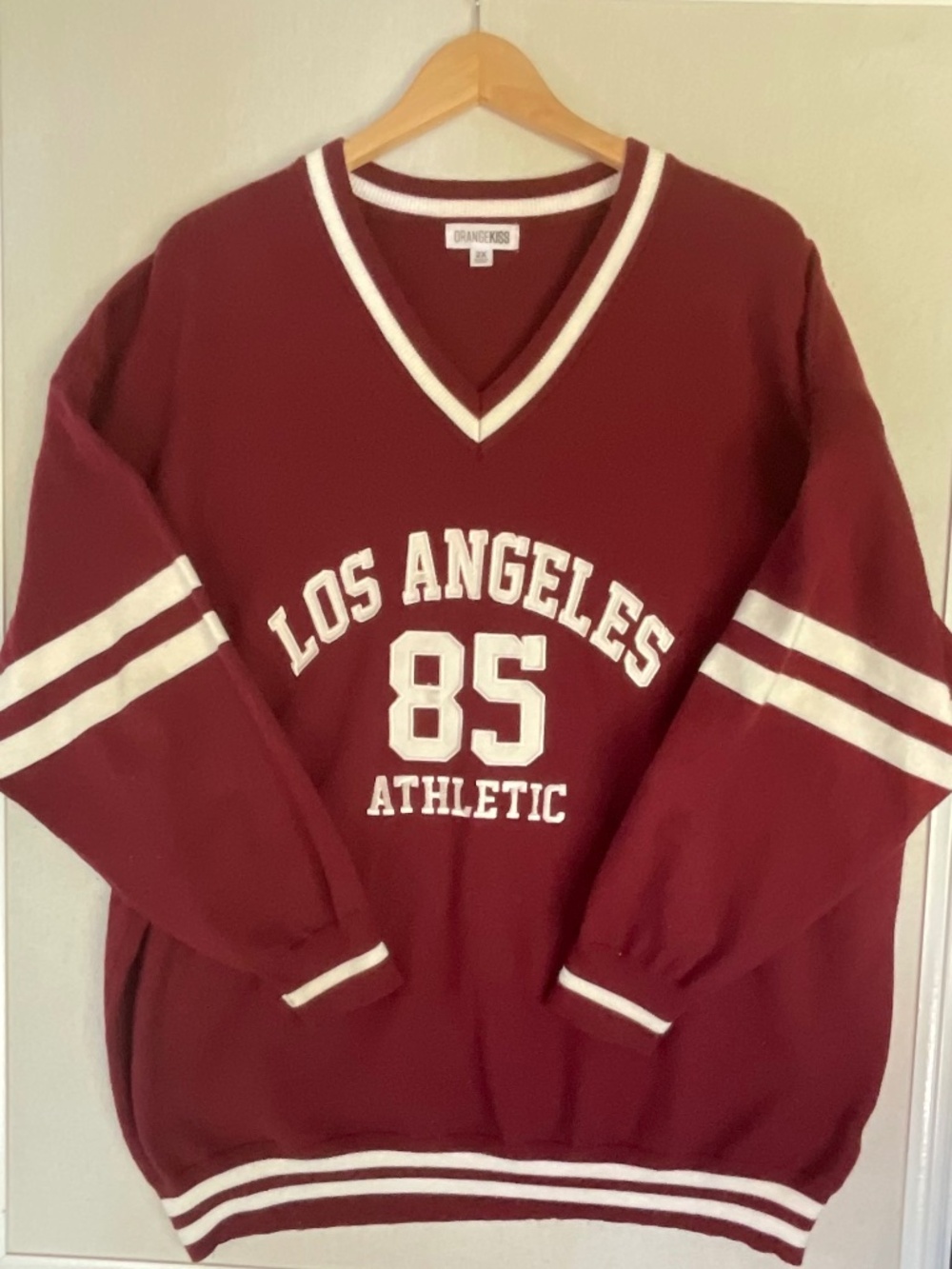 Orange Kiss LA 85 Varsity VNeck Sweater Burgundy Red Oversized 2X